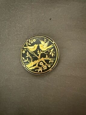 Vintage Damascene Enamel Bird Floral Brooch Pin gold tone and black